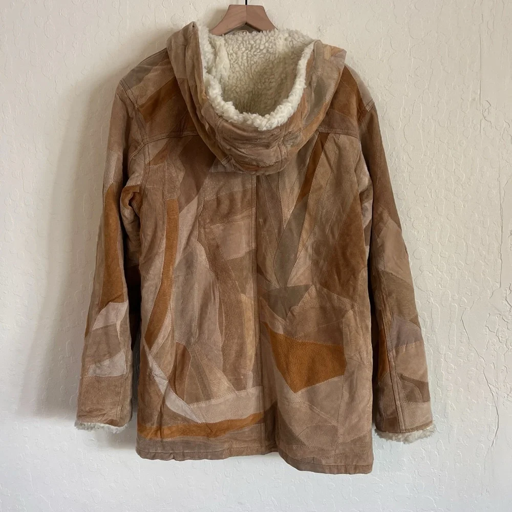 Vintage Suede Leather Patchwork Faux Fur Fleece Lined Hooded Jacket Small Y2K